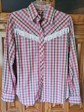 Vintage Plaid Fringe Western Pearl Snap Button-Up Blouse - Pink Multi